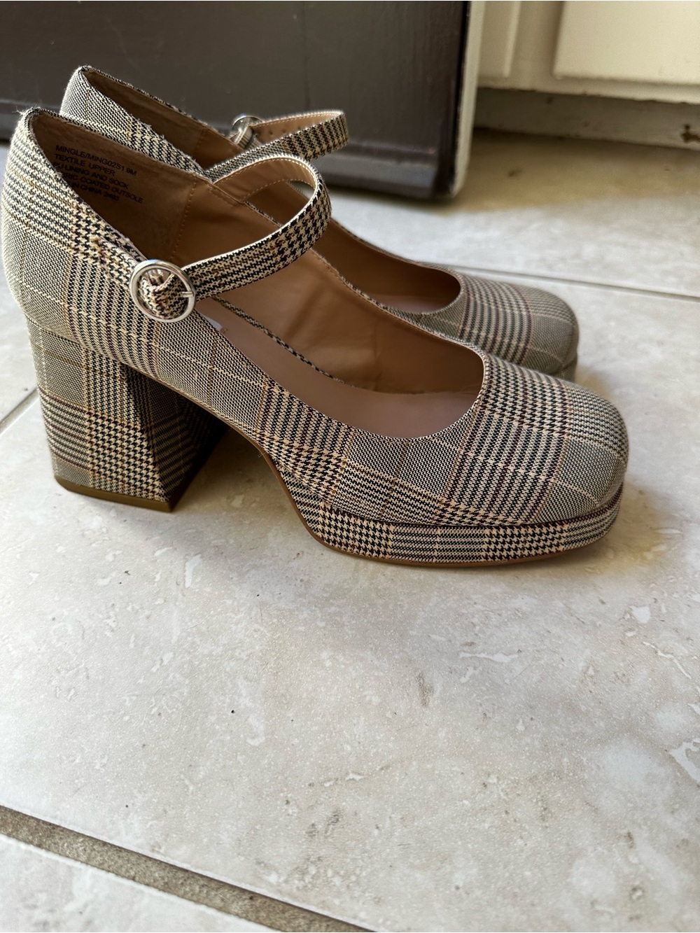 Steve Madden Plaid Mary Jane Block Heels in Grey and Brown